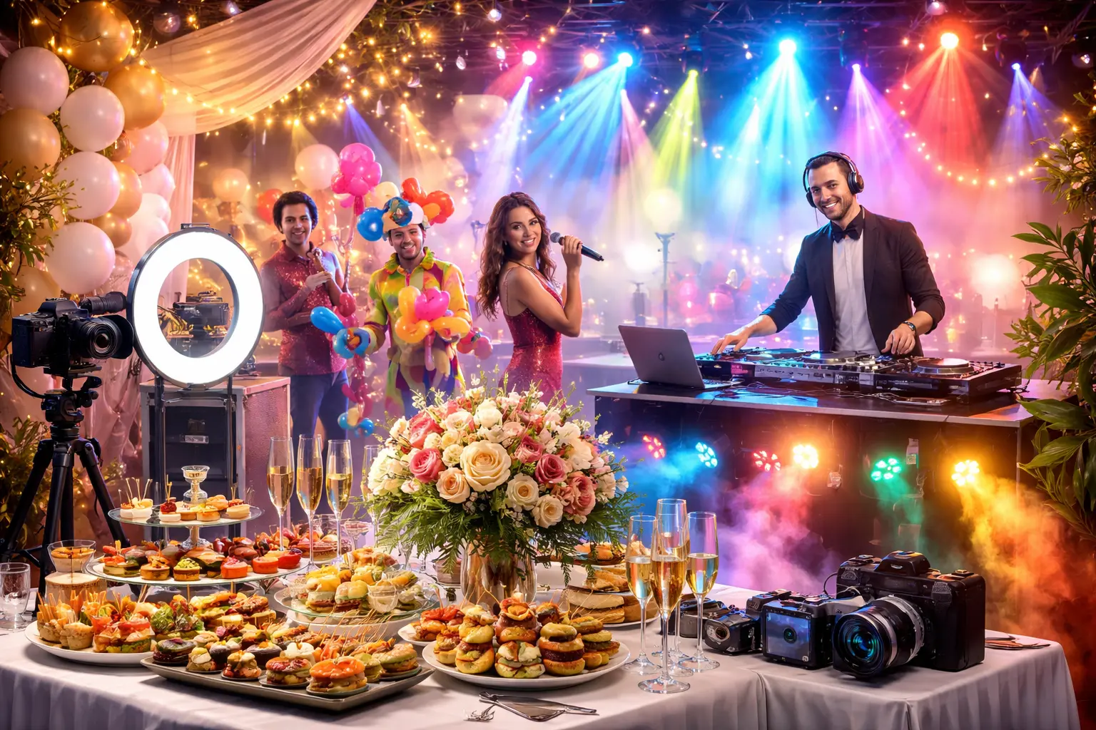 Mesa de evento preparada con decoración, catering y ambiente de celebración