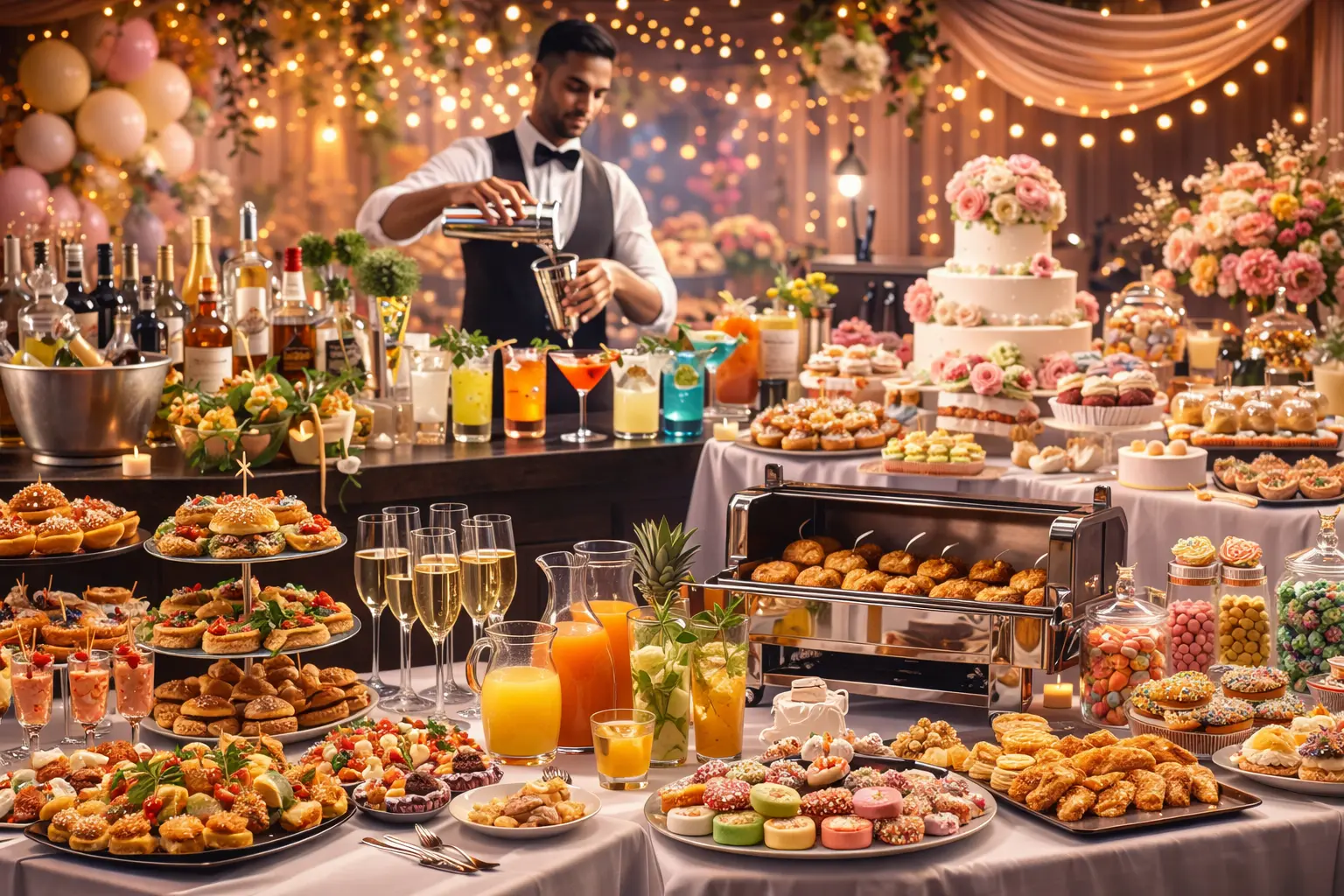 Catering para fiestas con finger food, bebidas y mesa preparada
