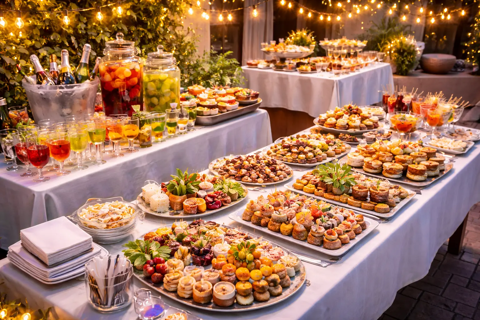 Comida y bebida para fiesta con estaciones de servicio