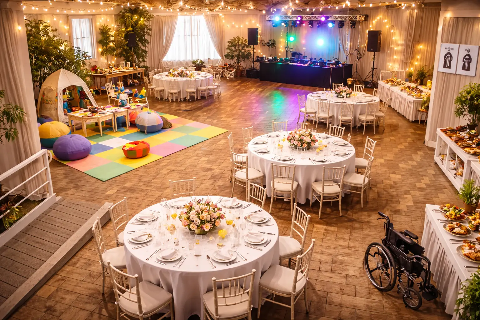 Sala de eventos con mesas y zona infantil