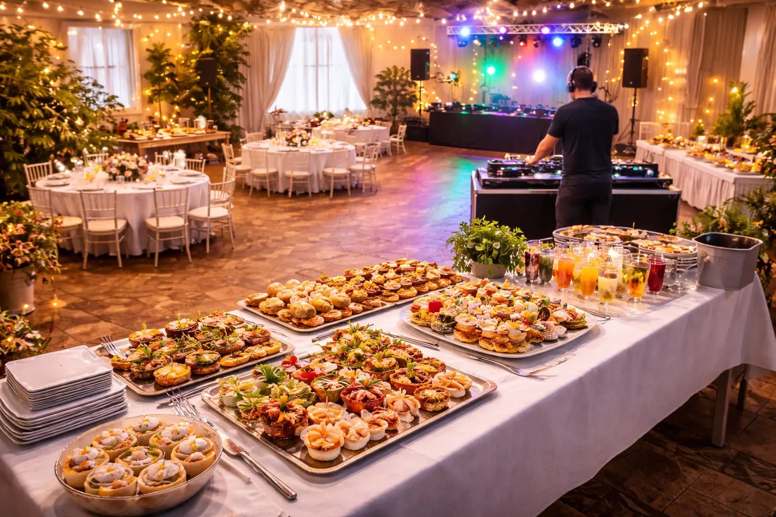 Comida, bebida, música y espacio para fiesta