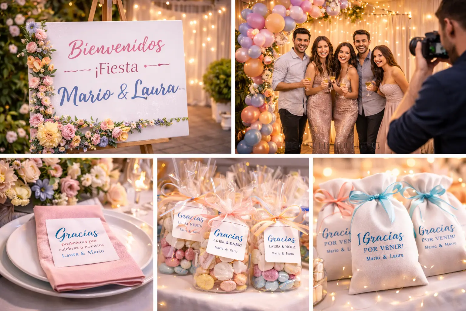 Detalles premium para fiesta: bienvenida, corner de fotos y recuerdos