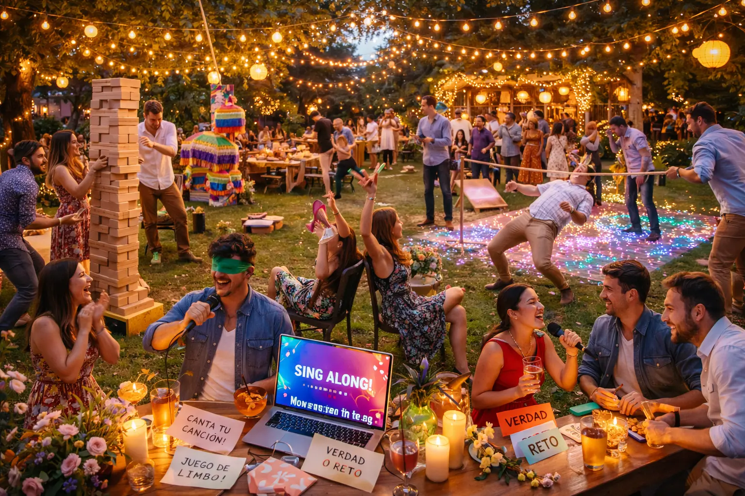 Fiesta por estaciones con zonas diferenciadas de comida, bebida, música y fotos