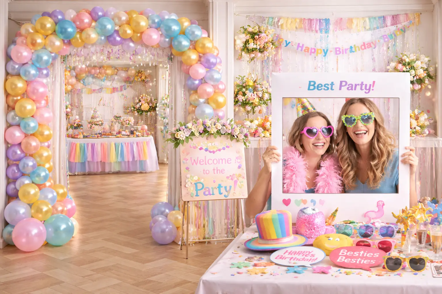 Entrada con globos y photocall o mesa dulce para máximo impacto visual