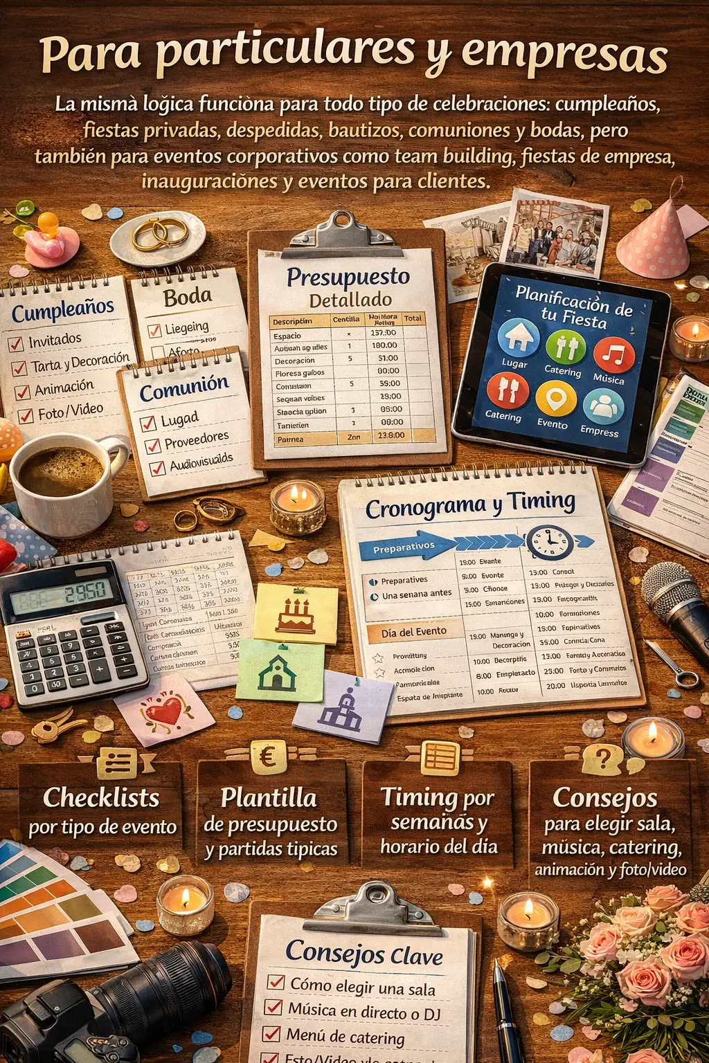 Planificación de eventos con checklist y presupuesto