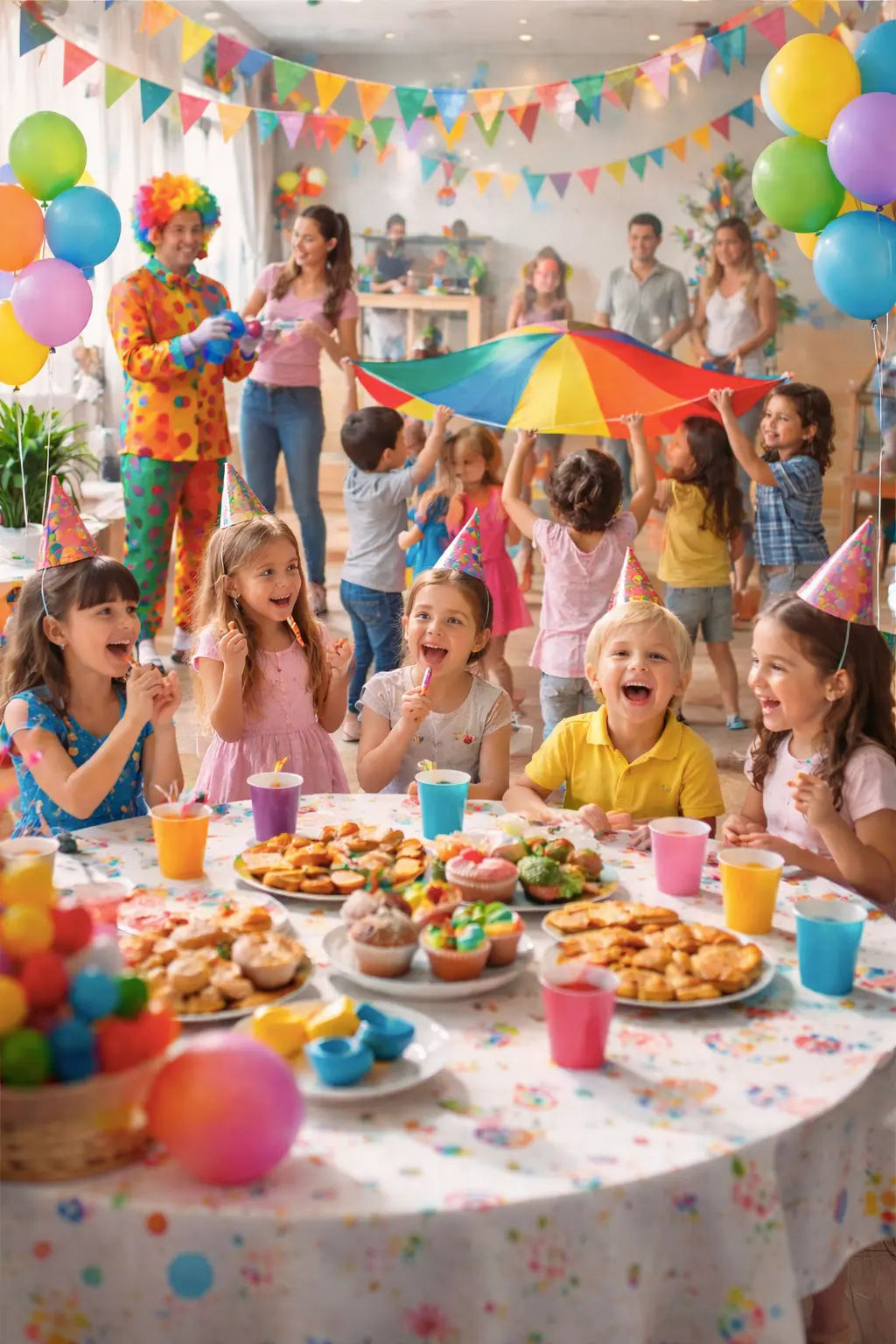 Fiesta infantil organizada en una sala decorada, niños felices y ambiente cuidado