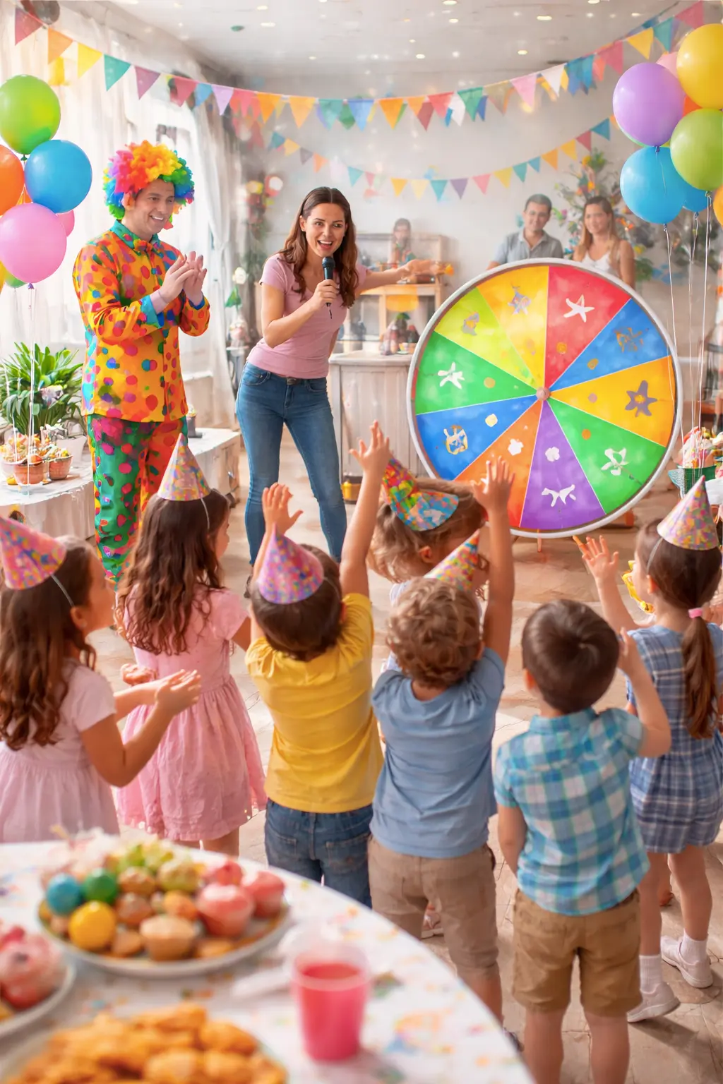 Animación guiada para fiestas infantiles con niños participando en un juego dirigido