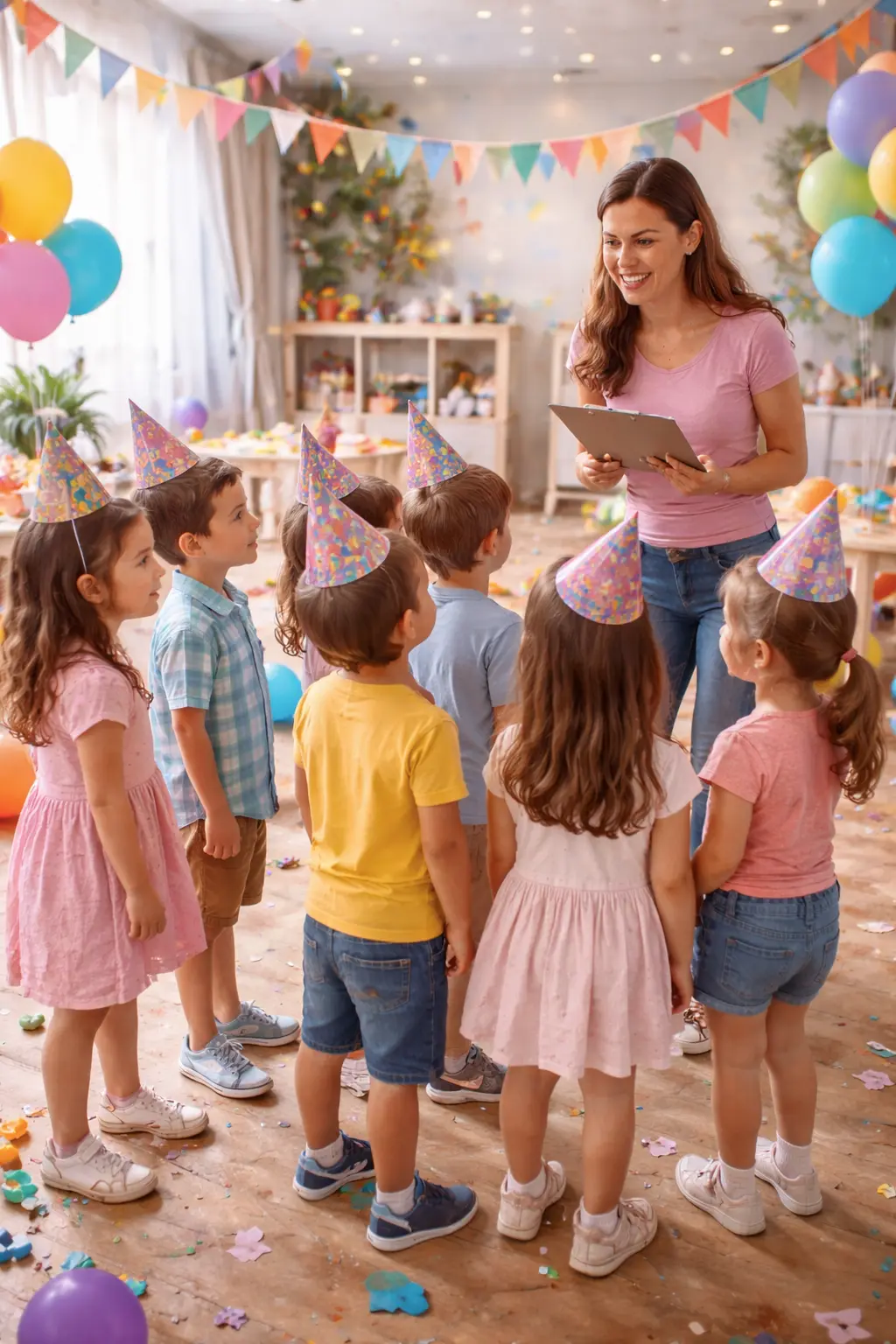 Grupo de niños escuchando instrucciones en una fiesta adaptada por edad y número