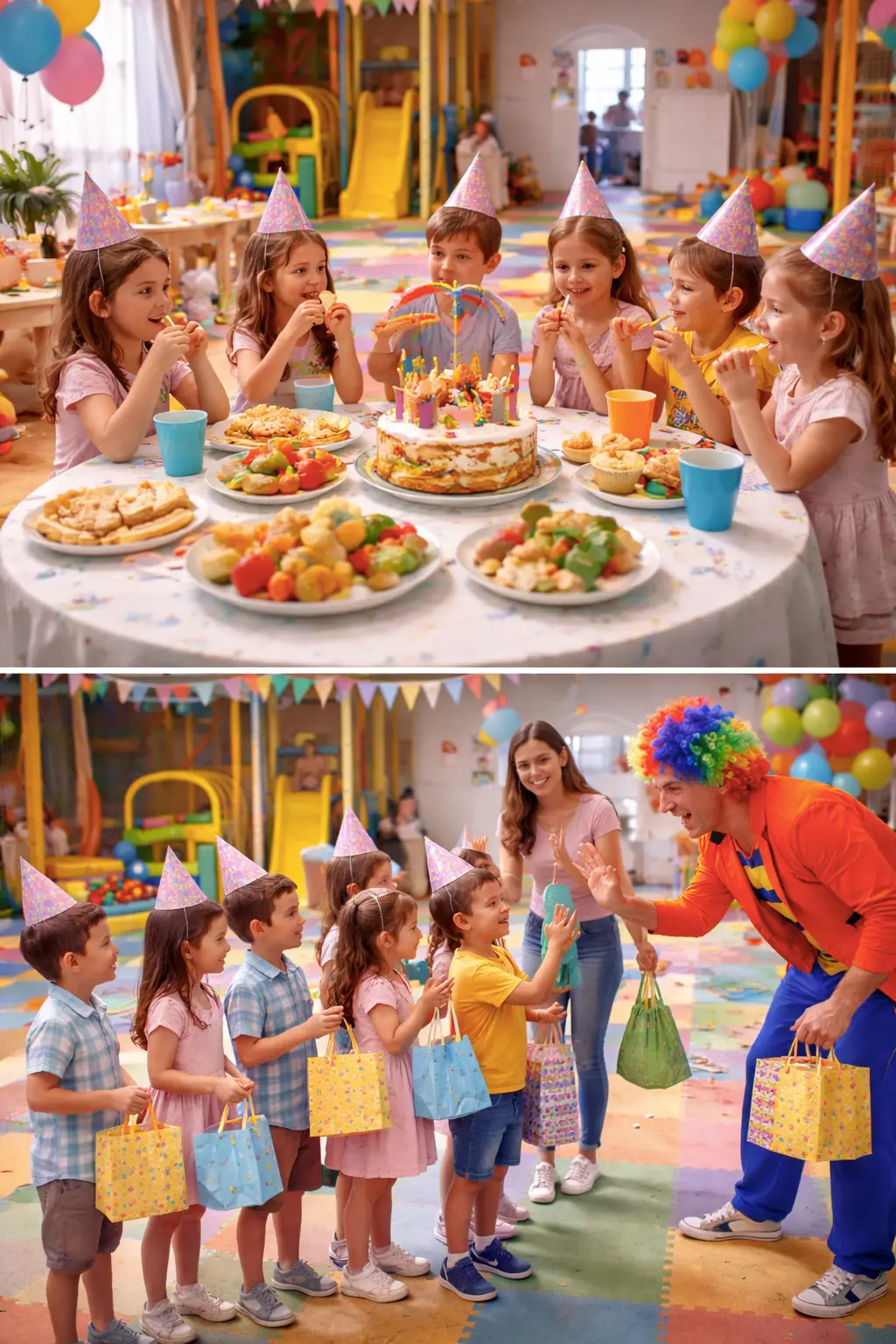 Sala infantil segura con animador profesional dirigiendo juegos adaptados